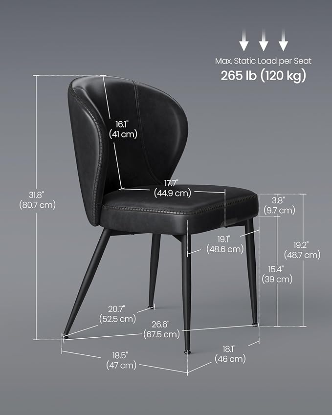 VASAGLE EKHO Collection - Dining Chairs Set of 2, Upholstered Kitchen Chairs, Comfortable Seat, Synthetic Leather with Stitching, Mid-Century Modern, Easy Assembly, Living Room Lounge, Ink Black