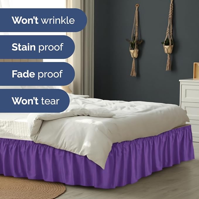 Wrap Around Dust Ruffle Bed Skirt - Purple - Twin/Twin XL Size Beds with 12 Inch Drop - Easy Fit Elastic Strap - Adjustable Pleated Bedskirt w/Brushed Fabric - Wrinkle Free - Women, Men, Kids & Teens