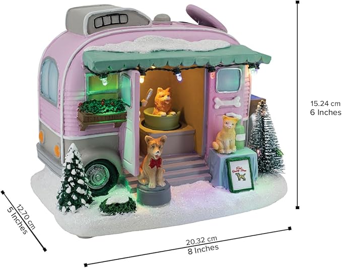 Pet Grooming Trailer Animated Christmas Village with LED Lights and Music