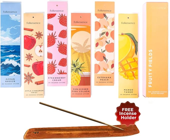Folkulture Incense Sticks with Holder (120 Sticks) | Set of 6 Fruit Incense Sticks for Mood, Stress Relief | No Charcoal, Organic, Non Toxic, 45 Mins,Long Burning Mango, Pineapple, Insence-Sticks