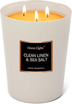 HomeLights Scented Candles - Large Jar Aromatherapy, Natural Soy Wax, 130 Hour Long Burning, Clean Linen & Sea Salt