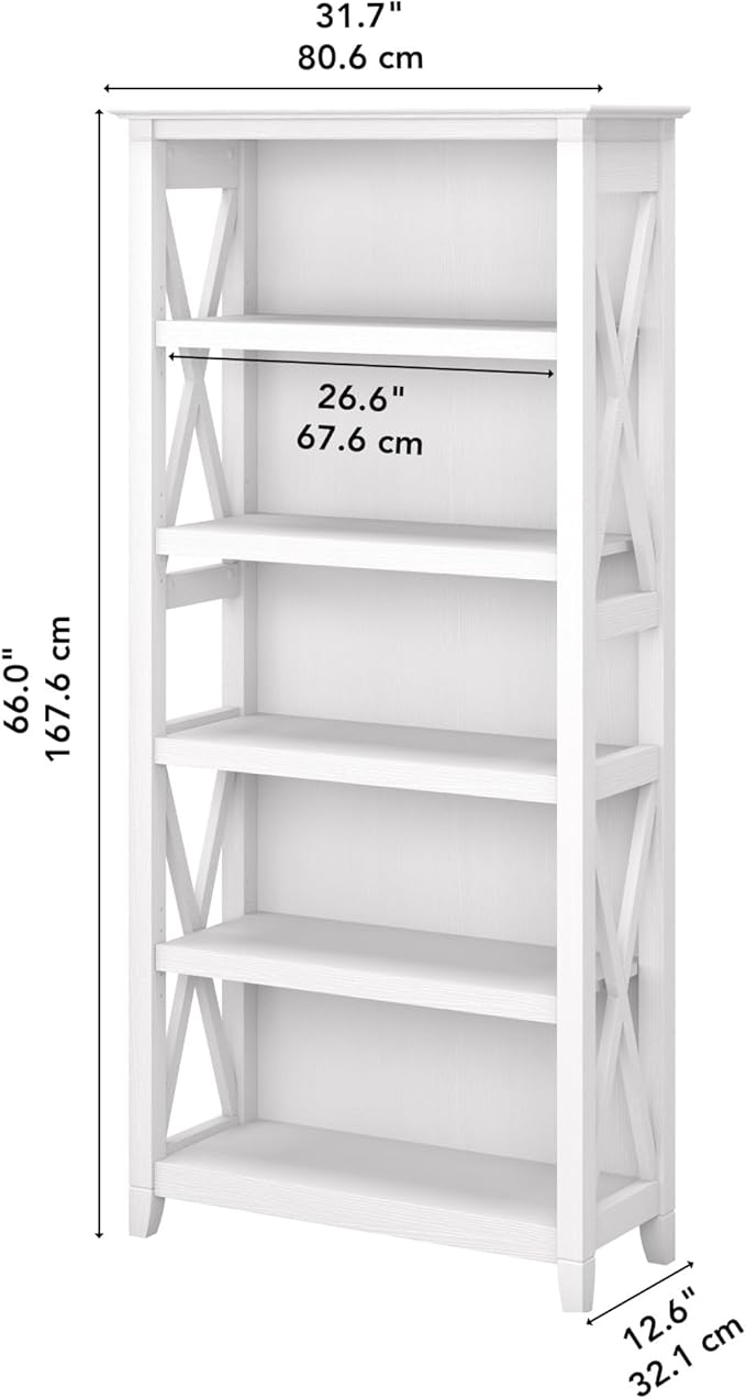 Bush Home Tall 5 Shelf Bookcase for Living Room or Home Office, Large Bookshelf, Modern Farmhouse Style, Key West Collection, Pure White Oak