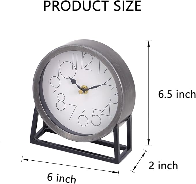 Modern Silvery Table Clock on Stand – Decorative Desk & Shelf Mantel, Farmhouse Non-Ticking, Home Décor for Living Room, Bedroom, Bedside, Office – Elegant Gift (Silvery)