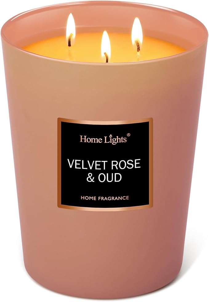 HomeLights Scented Candles | Large Jar Candle-33.3 Oz. Natural Soy Aromatherapy Candles | Up to 130 Hours Burn Time with 3 Cotton Wicks, Home Decorative Fragrance Candles Gift - Velvet Rose Oud