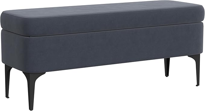 HomePop Upholstered Storage Bench with Metal Leg, 42" W, Blue Velvet