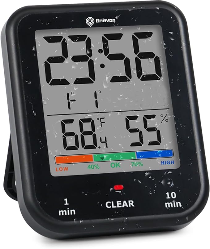 Geevon Digital Bathroom Clock, Waterproof Shower Timer with Large Touch Screen, Battery Operated Bathroom Wall Clock with Temperature & Humidity Display - Suction Cup/Hanging Hole/Stand (Black)