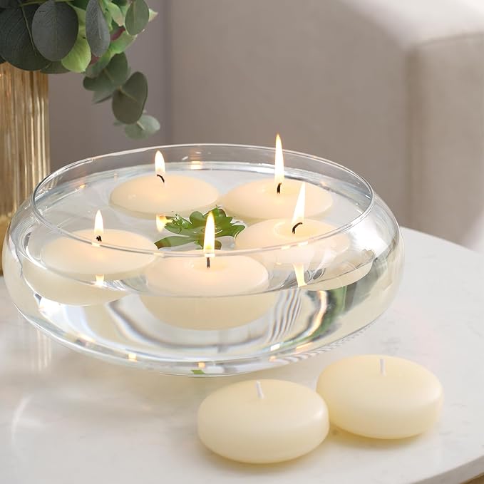 24 Pack Floating Candles, 3” Ivory Unscented Dripless Wax Burning Candles, for Weddings, Party, Cylinder Vases, and Home Decorations