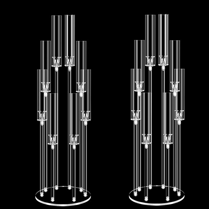 2 Set of 8 Arms Acrylic Candelabra Centerpieces for Wedding Table Decorations,38.5'' Tall Clear Candlesticks Holder with Acrylic Shade for Valentine's Day Dinner Party Fireplace Gift,Fits LED Candles