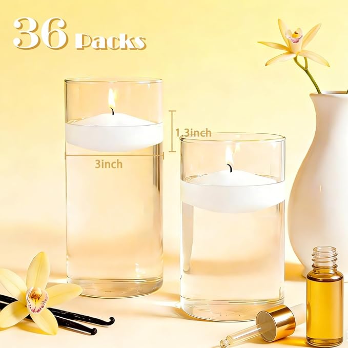36 Packs 3 Inch Vanilla Scented Floating Candles, 8-10 Hours Burn Time Warm Vanilla Sugar Highly Scented Floating Candles for Home, Pool, Bathtub, Relaxation, Centerpiece, Party