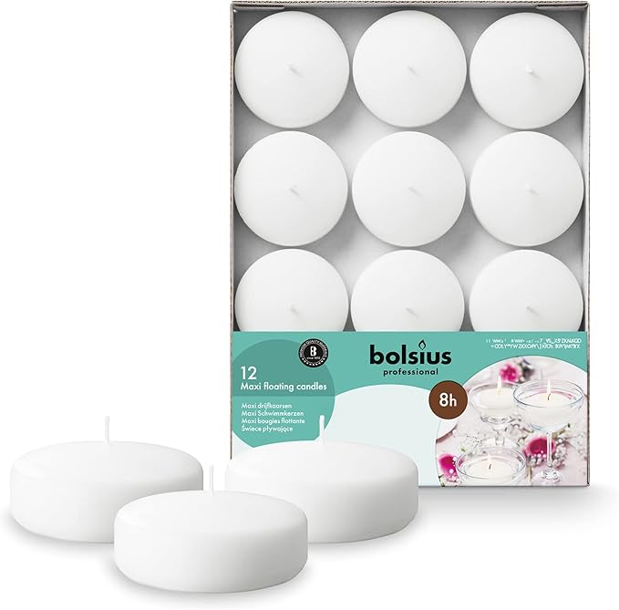 BOLSIUS White Floating Candles 3 Inch - Set Of 12 Maxi Candles - 8 Hour Clean Burning - Palm Oil Free - 0% Animal Fat - Premium European Quality