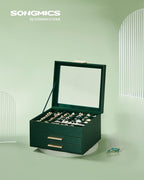 SONGMICS GISELLA Collection - Jewelry Box Organizer, 3-Layer Jewelry Storage with 2 Drawers, Shiny Metal Hardware, Glass Lid, Modern, 8 x 9.1 x 5.3 Inches, Forest Green and Gold Color UJBC239C01