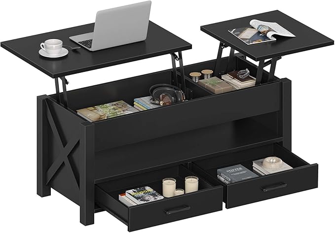 Seventable Coffee Table, 39.3" Lift Top Coffee Table with 2 Storage Drawers and Hidden Compartment, X Wood Farmhouse Support, Retro Center Table with Lift Tabletop for Living Room,Black