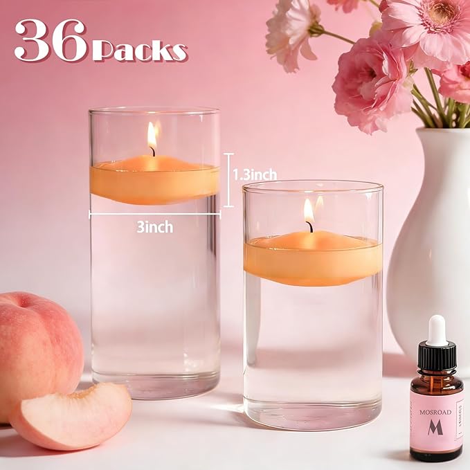 36 Packs 3 Inch Honey Peach Scented Floating Candles, 8-10 Hours Burn Time Sweet Peach Highly Scented Floating Candles for Home, Pool, Bathtub, Relaxation, Party, Centerpiece