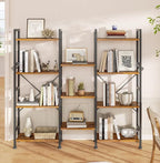 Furologee Triple 4 Tier Bookshelf, Bookcase with 11 Open Display Shelves, Wood and Metal Shelf Storage Organizer,Industrial Wide Shelving Unit for Living Room,Home Office,Rustic Brown