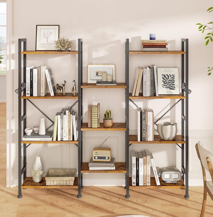 Furologee Triple 4 Tier Bookshelf, Bookcase with 11 Open Display Shelves, Wood and Metal Shelf Storage Organizer,Industrial Wide Shelving Unit for Living Room,Home Office,Rustic Brown