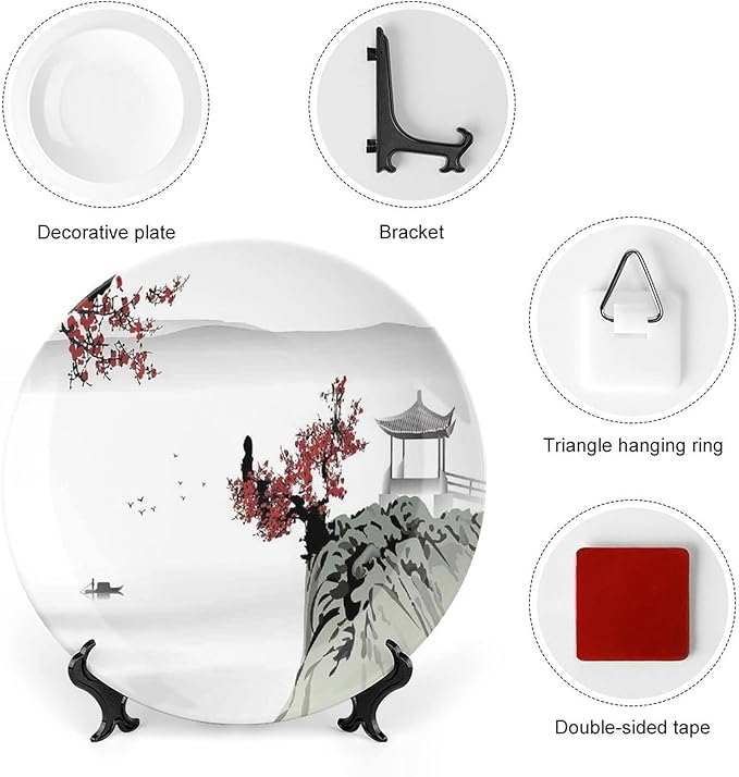 Ceramic Plates, Asian Decor Decorative Ceramic Plates, River Scenery with Cherry Blossoms and Boat Mystical, 6 Inch, for Dining, Parties, Wedding, Grey Red