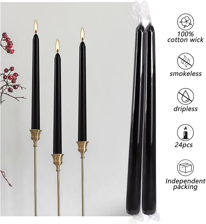 24 Pack Black Taper Candles, 7-8 Hours Burn Time, Unscented, Smokeless and Dripless, 0.75 x 10 Inch Dinner Candle Set for Halloween, Household, Wedding, Party and Home Décor Candlesticks