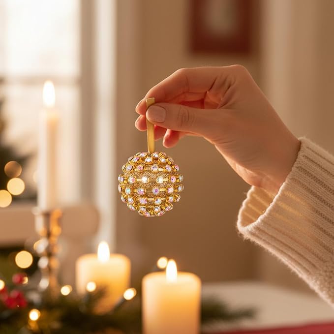 Iridescent Crystal Rhinestone Ball Ornaments, 4 Pack Handcrafted Sparkling Christmas Tree Decorations, Hanging Ornaments for Holiday & Home Décor in Luxury Gift Box