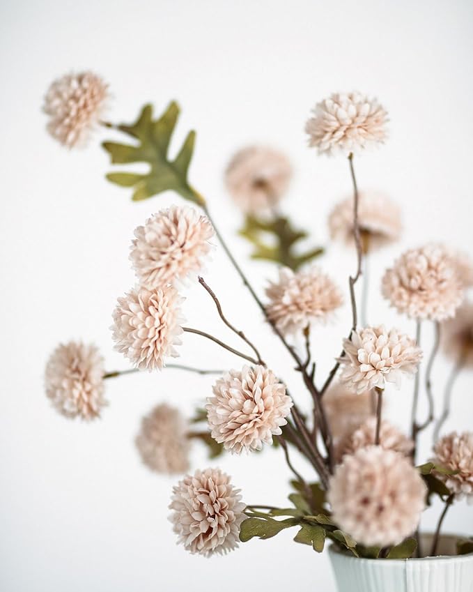 DuHouse 6pcs Artificial Flowers Faux Silk Pompon Mum,Silk Small Mini Chrysanthemum Ball with Stems for Wedding DIY Champagne Arrangements Bouquets Centerpieces Home Decorations(Beige)