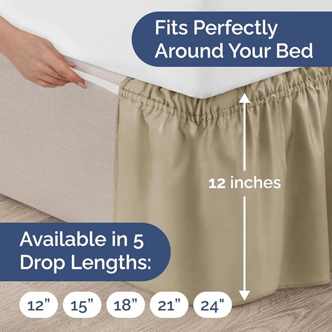 Wrap Around Dust Ruffle Bed Skirt - Beige - for Full Size Beds with 12 Inch Drop - Easy Fit Elastic Strap - Adjustable Pleated Bedskirt w/Brushed Fabric - Wrinkle Free - for Women, Men, Kids & Teens