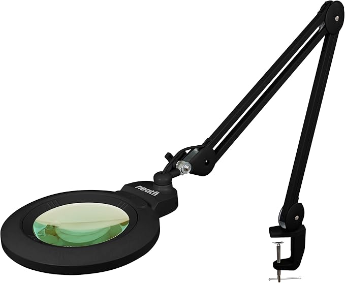 Neatfi XL Bifocal LED Magnifying Lamp – 7” Acrylic Lens, 5D/20D Magnification, 1,600 Lumens, Dimmable with 3 Light Modes, Adjustable Arm & Clamp, Lamp for Reading, Crafting (Black, CCT with Clamp)