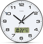 Wall Clock, 13" Dial Non-Ticking Silent Battery Operated Analog with LCD Display for Perpetual Calendar and F° Temperature, Ideal Modern Home, Bedroom, Kitchen, Office Decor(Black)