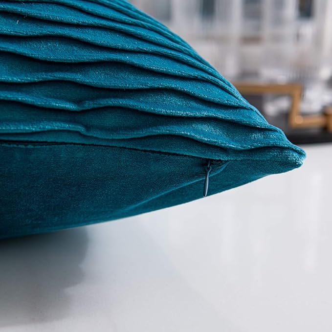 Turquoise Throw Pillow Cases 18x18: 2 Pack Inch Original Striped Velvet Square Decorative Pillow Covers for Farmhouse Couch