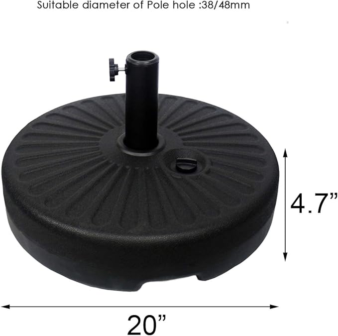 Sunnyglade Heavy Duty 23L Round 20" Water Filled Patio Outdoor Umbrella Base Stand Weight with Steel Umbrella Holder Suit for Dia 38mm or 48mm Pole (Black)