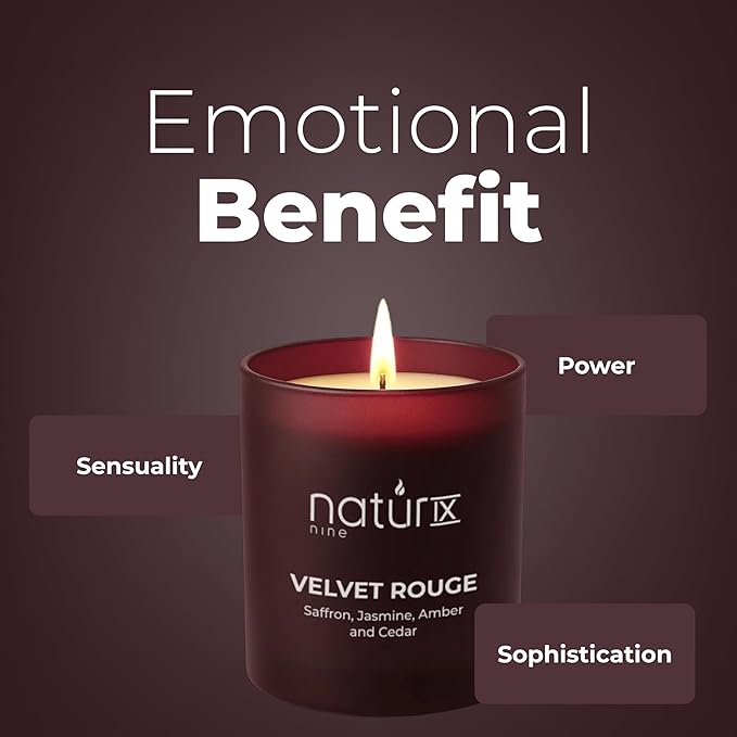 Natur IX Velvet Rouge Scented Candles for Home | Cedarwood, Saffron, Jasmine & Amber | Natural Non Toxic Soy Candles with Essential Oils | 50 H Long Burning
