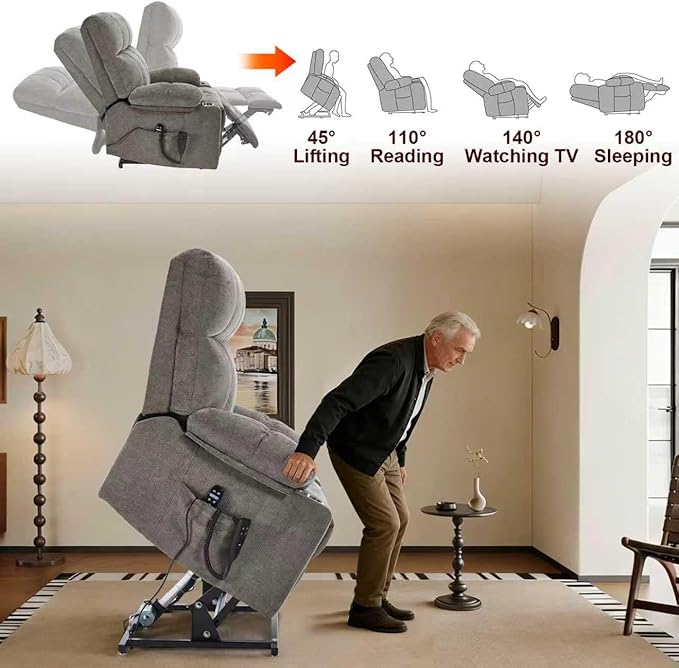 Oversized Recliner Electric Lift Chair, Power Lift Recliner for Big and Tall, 180° Lay-Flat and Assisted Standing, Extra Large Sofa with 8-Point Massage & Heating, Medium-Soft, Gray