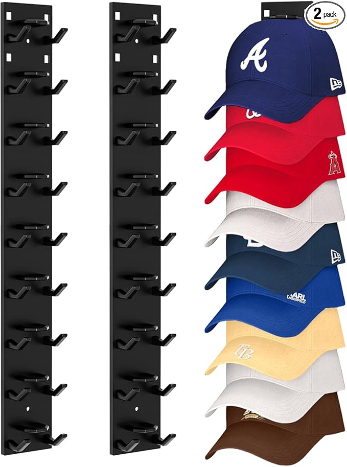 Hat Organizer for Baseball Caps (2-Pack), Strong Adhesive Hat Rack for Wall, Multi-layer Hat Hooks Storage for 18 Hats, Hat Holder Hanger for Door, Bedroom, Closet - Black