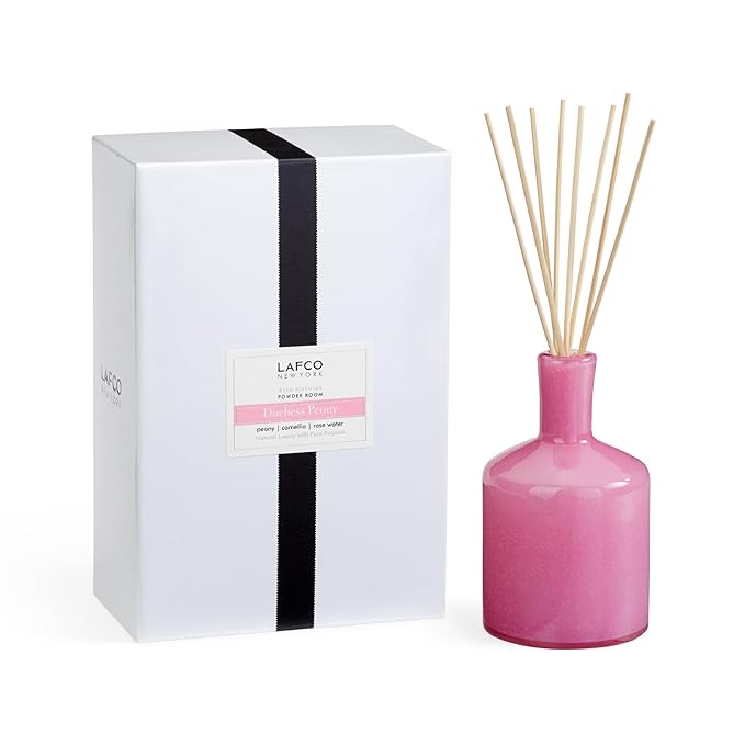 LAFCO New York Signature Reed Diffuser, Duchess Peony - 15 oz - Up to 9 Months Fragrance Life - Reusable, Hand Blown Glass Vessel - Natural Wood Reeds - Made in The USA