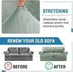 H.VERSAILTEX Sofa Cover 3 Piece T Cushion Sofa Slipcovers Thick Velvet Couch Cover Stretch T Cushion Sofa Covers for 2 Cushion Couch with 2 Individual T Cushion Covers Washable, Sea Grass