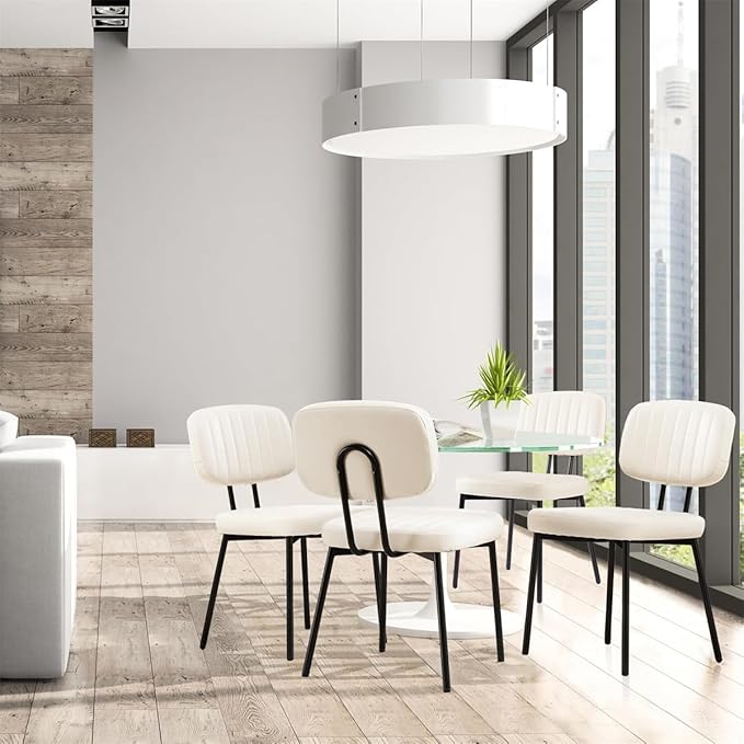 Dining Chairs Set of 2, Mid Century Modern Upholstered Kitchen Chair with PU Leather Cushion Seat & Metal Legs for Home/Living Room/Bedroom/Office-White