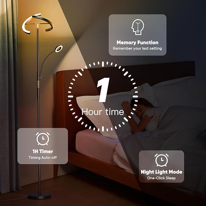 Upgraded 36W RGBCW Floor Lamp with Ring Reading Lamp, Rotatable Remote Control LED Standing Lamp Dimmable Floor Light Modern Standing Light for Living Room Bedroom Home Office, Black