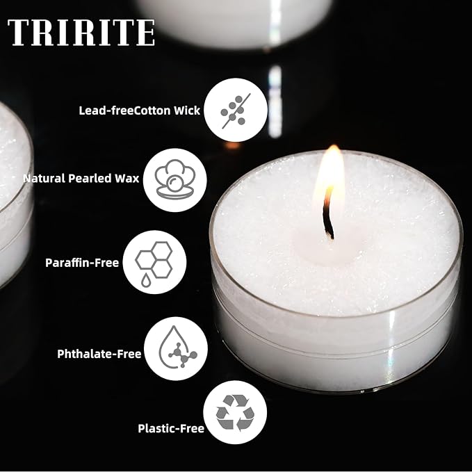 White Tealights Candles - 5 Hours Unscented Tea Lights Plant Wax Mini Votive with Cotton Wick for Home,Meditation,Pool,Wedding,Emergencies,Parties, Spas, 12pcs