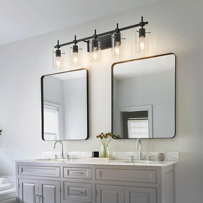 SOLFART Bathroom Light Fixtures Matt Black 5 Lights Vanity Lighting Fixtures Over Mirror Light Fixtures for Bathroom Above Mirror