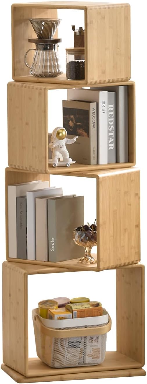 4-Tier Modern Rotating Bamboo Bookcase, DIY Free-Standing Bookshelf Large Capacity Creative Open Book Cabinet, 2 in 1 Nightstand Storage Organizer Lattice Shelf for Home, Office, Living Room, 4-Cube