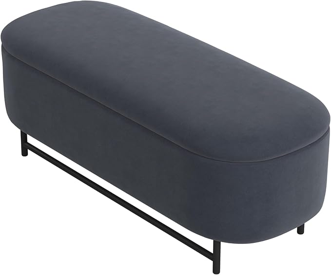 HomePop Ellipse Modern Storage Bench with Metal Legs |Homepop Home Décor|Bench with Storage for Living Room & Bedroom - Steel Blue Velvet