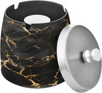 Black Gold Marble Textures Ashtray with Lid, Outdoor Ashtrays for Patio, Stainless Steel Ashtray Odorless Smokeless for Home Office Balcony