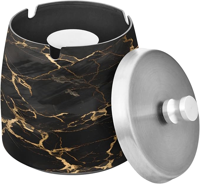 Black Gold Marble Textures Ashtray with Lid, Outdoor Ashtrays for Patio, Stainless Steel Ashtray Odorless Smokeless for Home Office Balcony