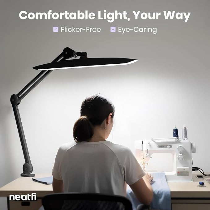 Neatfi XL Nail Desk Lamp with Clamp, 2200 Lumens, 20-Inch Wide Head, Dimmable 4 Levels, 3 Color Modes 3000K–6000K, LED Task Light for Manicure Table, Crafts, Workbench, Office (CCT, Black)