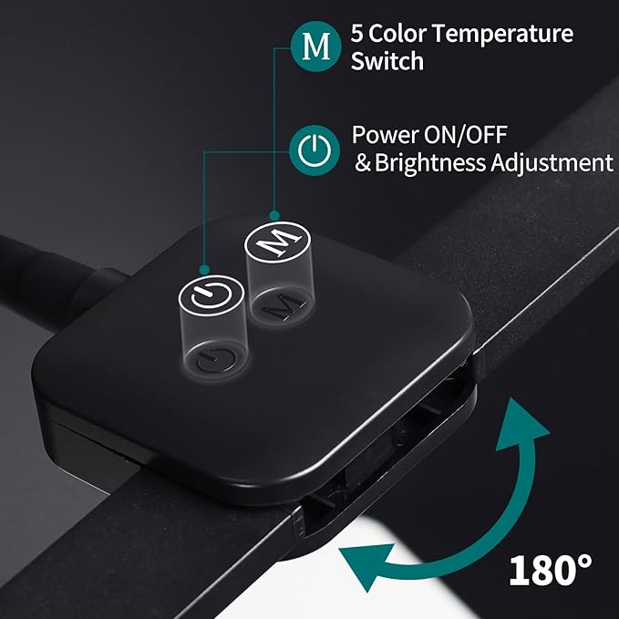 LED Desk Lamp with Two Heads, Clamp On Desk Lamps, 12W, 2000 LMS, CRI>90, 5 Color Modes (2700K-6500K), Various Brightness Levels, Adapter Included