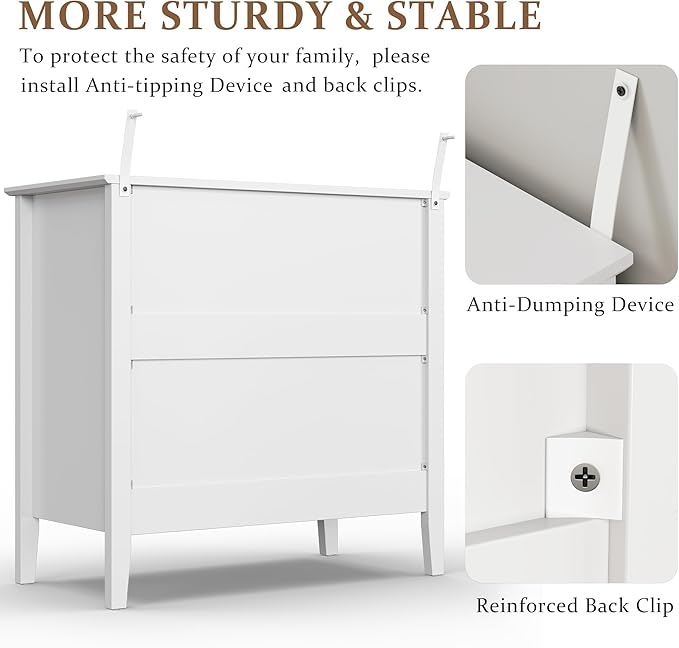 White Large 3 Drawer Dresser Set of 2, Painted 30 Inch Tall Wood Nightstand with Storage, Wide Modern Chest of Drawers with Ball Bearing Slide for Bedroom Hallway Living Room Entryway