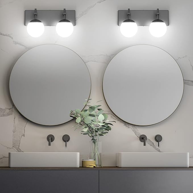 Ralbay Matte Black Bathroom Wall Light Fitures 2-Light Mid Century Modern Bathroom Lighting Black Milky Glass Globe Vanity Light for Bathroom