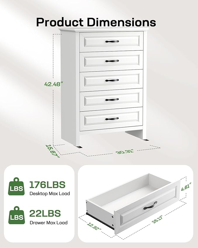 Marsail Farmhouse 5 Drawer Dresser, Wood Chest of Drawers with Natural Texture, Smooth Gliding Drawers, Versatile Storage Organizer Cabinet for Bedroom & Living Room, White