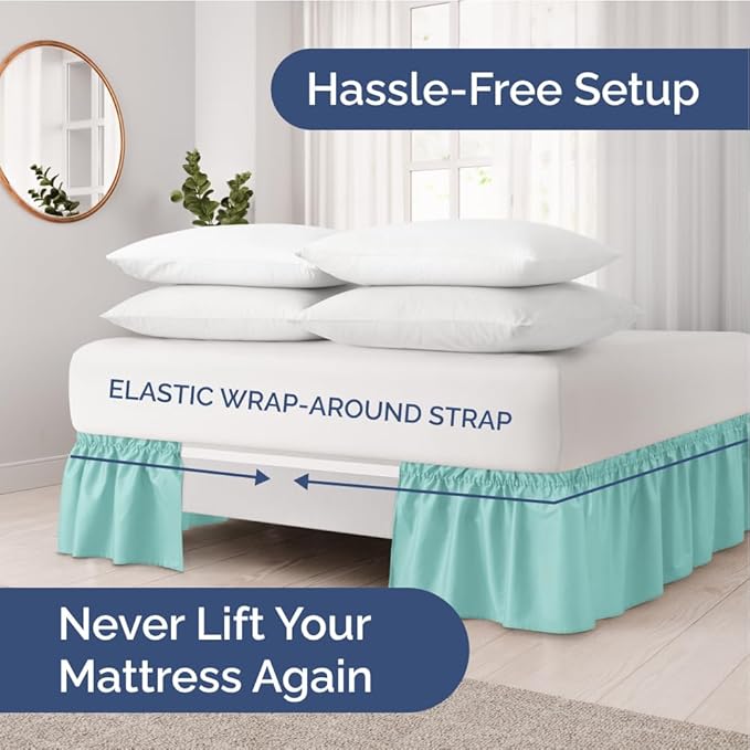Wrap Around Dust Ruffle Bed Skirt - Spa Blue - for Queen Size Beds with 18 Inch Drop - Elastic Strap - Adjustable Pleated Bedskirt with Brushed Fabric and Wrinkle Free - for Women, Men, Kids & Teens