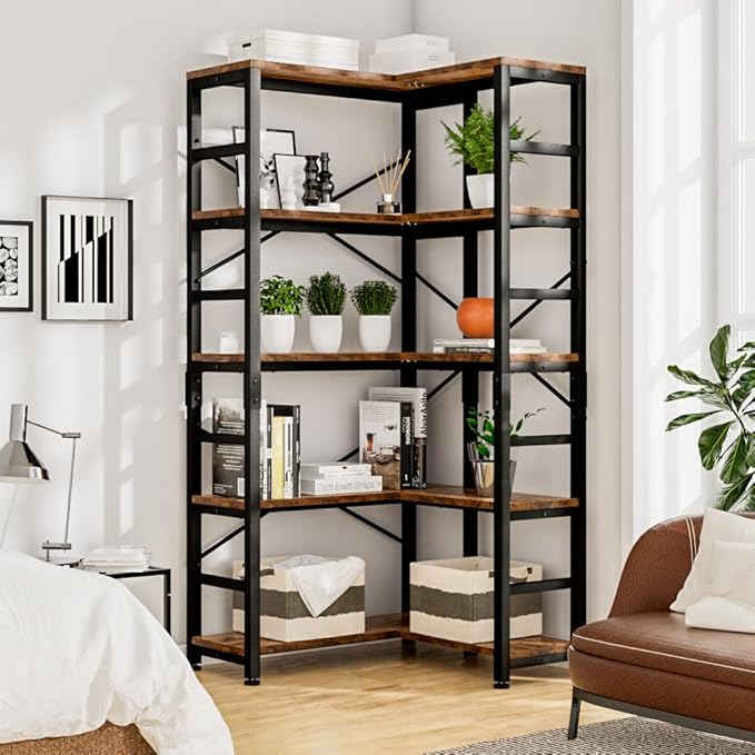 NUMENN 5 Tier Corner Bookshelf, Modern Corner Bookcase, Large Open Shelf Bookcase, Tall Bookshelves Storage Display Rack for Bedroom, Living Room and Home Office, Vintage