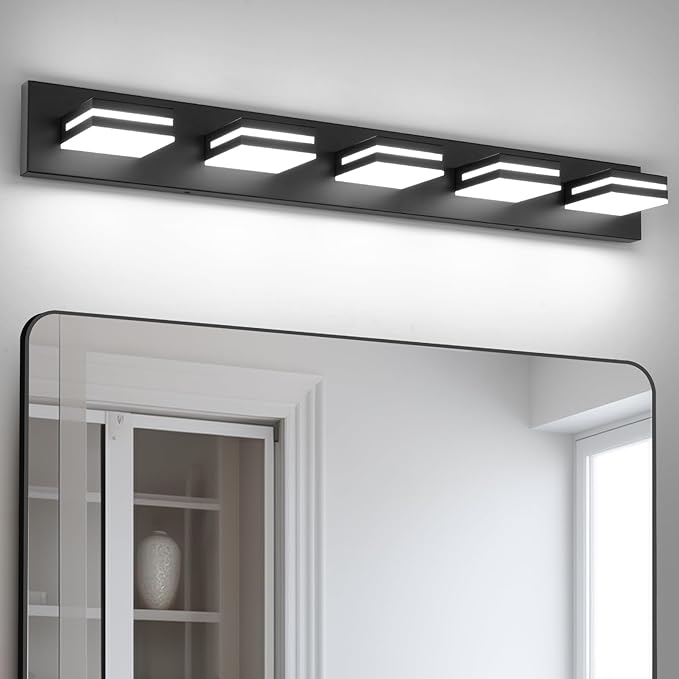 OKELI 5-Light Bathroom Vanity Light Black Modern LED Vanity Light Over Mirror Dimmable Mirror Front Lamp with 350° Adjustable Lamp Head ETL Listed 36W 6000K Cold White