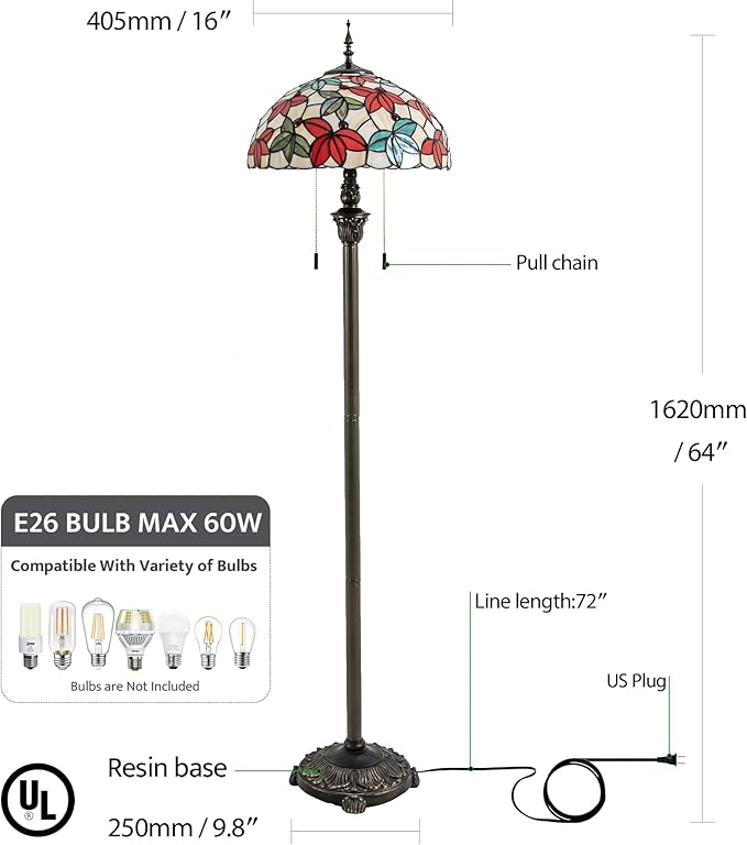 Tiffany Floor Lamp, 16" Stained Glass Maple Leaf Shade with Antique Bronze Base, 2-Light E26 Pull Chain Standing Reading Light for Living Room Bedroom16x16x64 Inches (White Maple Leaf)